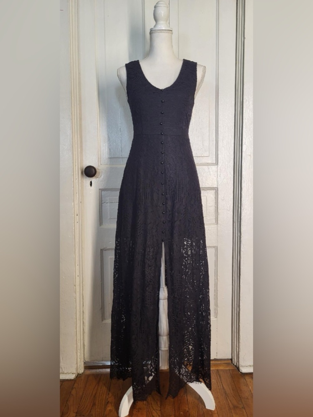 She + Sky Black Lace Maxi Dress - Sleeveless Faux Button Front - Sheer Bottom